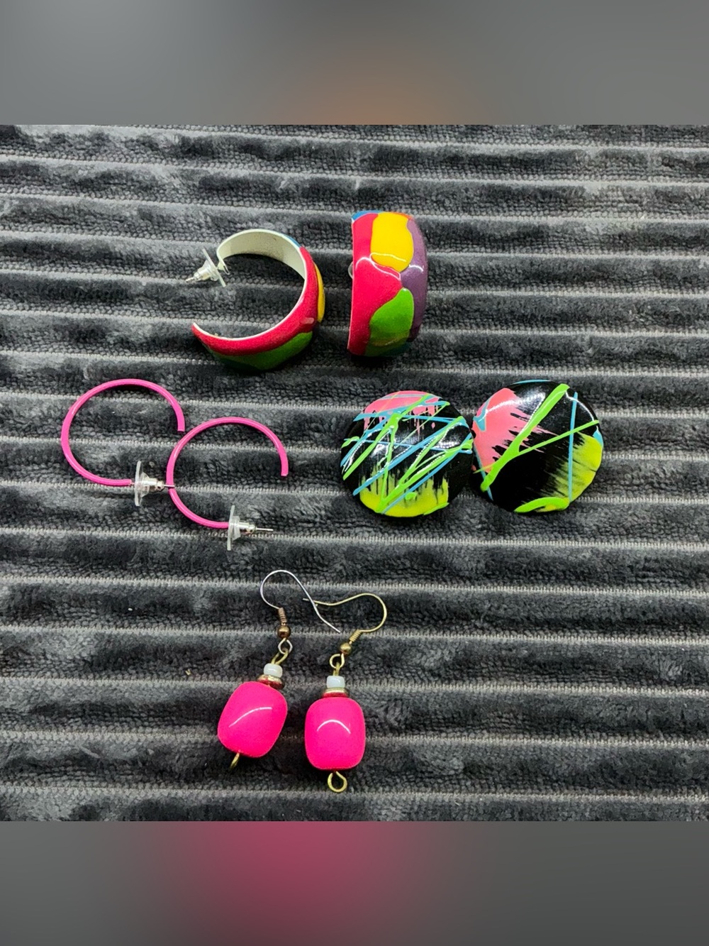 VTG 80s Earrings 4Lot Neon Pink Green Geometric Plastic Abstract Costume Jewelry